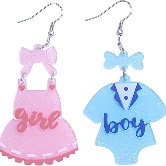 Gender Reveal Earrings Asymmetrical Blue Pink Dress Earrings - Picture 1 of 6